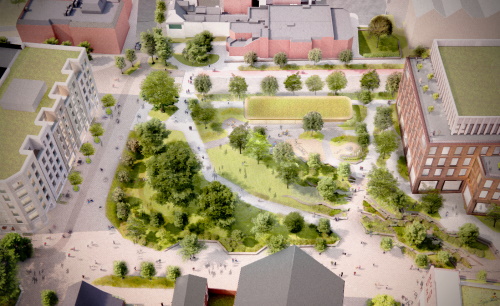 This image: illustrative image of how West Island could look, including a proposed new 
						pavillion building, with places to gather and sit, and extensive planting. The map shows the 
						bird's eye masterplan sketch, with interactive popups overlaid showing further illustrative images 
						of Emporium Way, West Island and the Corn Exchange.